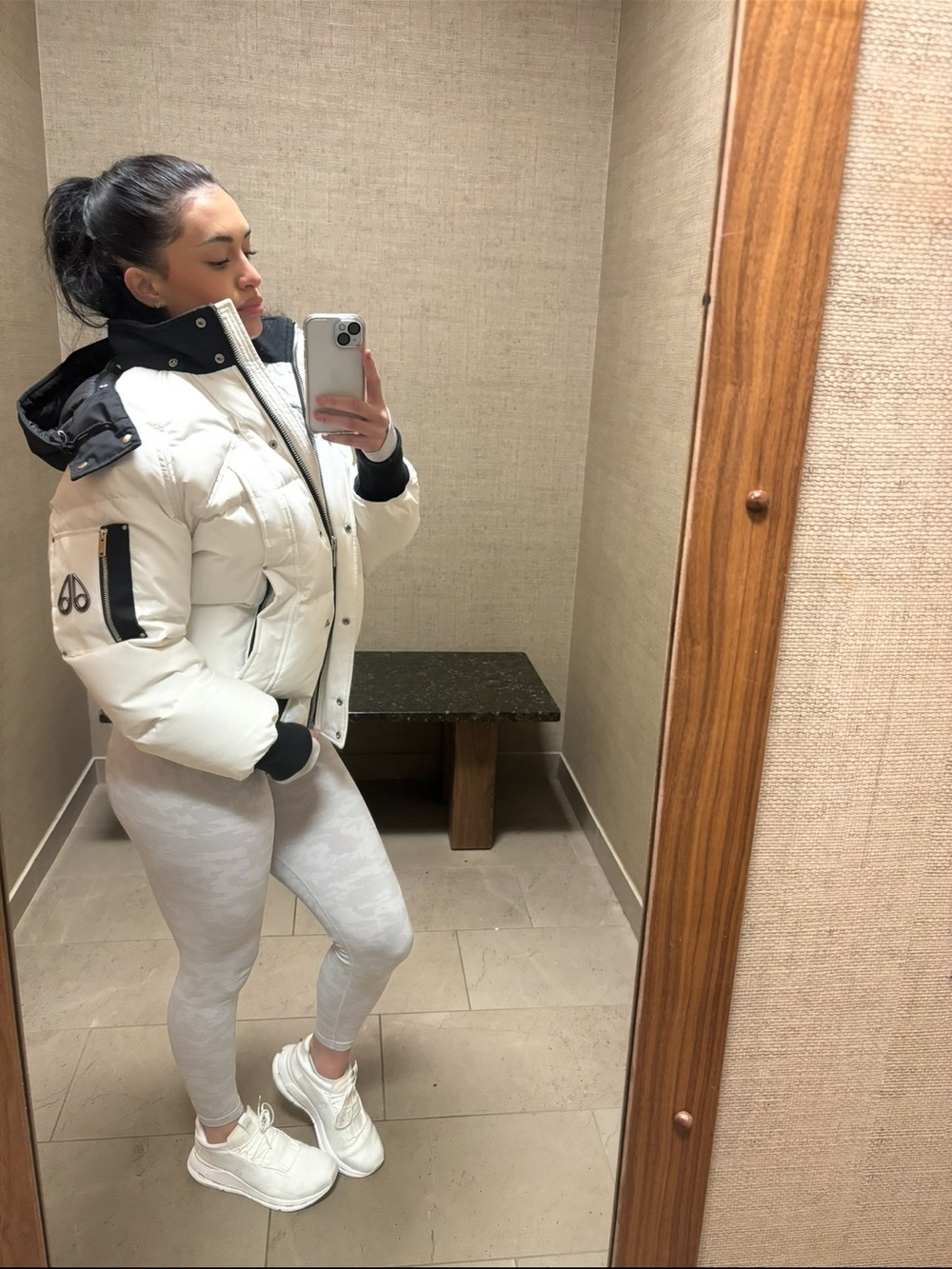 Moose Knuckles White Puffer Jacket with Black Hood